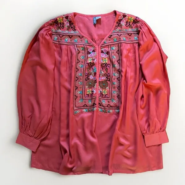 Anu Embroidered Top Blouse Tunic Boho Coral Pink Womens Size Extra Large - Image 2