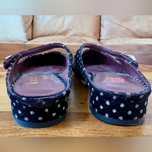 KATE SPADE Meg Black Velvet Rhinestone Button Polka Dot Pointed Mule Shoes - Image 5