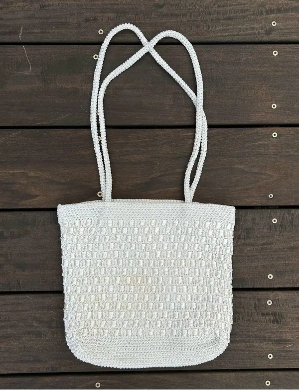 Vintage White Crochet Boho Bag Shoulder Bag Purse Woven Tote Bag - Image 3