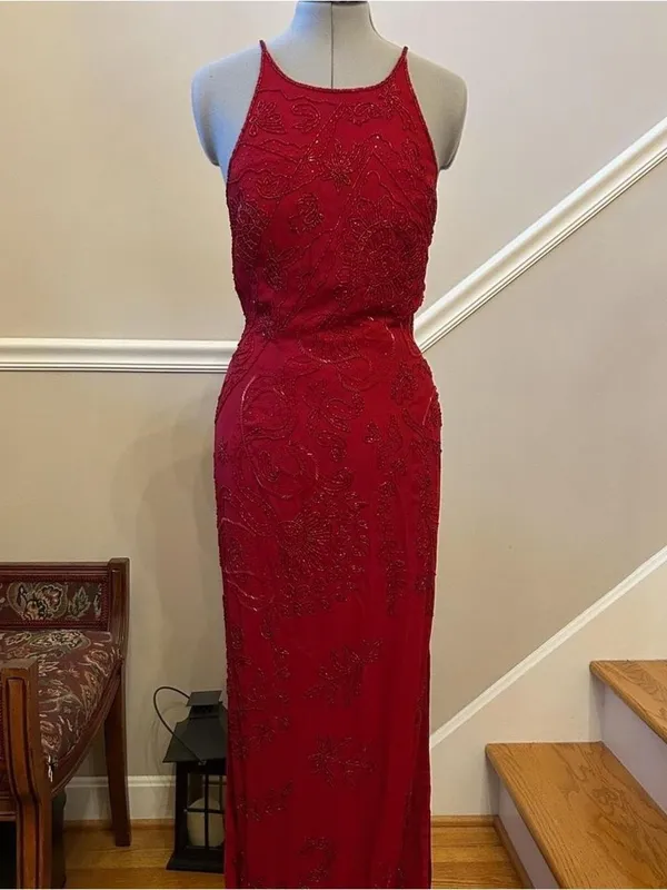 Vintage Blushe Impressions Red Beaded Maxi Gown Open Back Crossover Dress Size 6 - Image 3