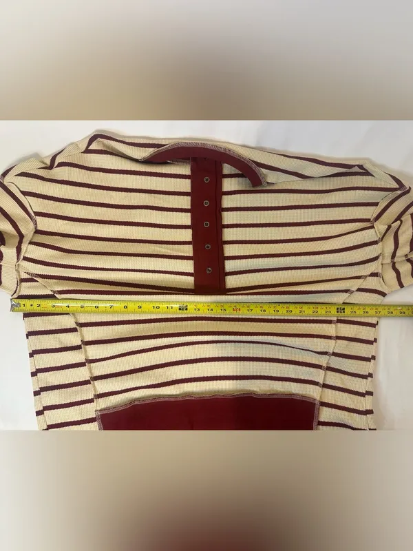 Striped Henley Pullover Sweatshirt in Ivory & Burgundy - Women - Image 2
