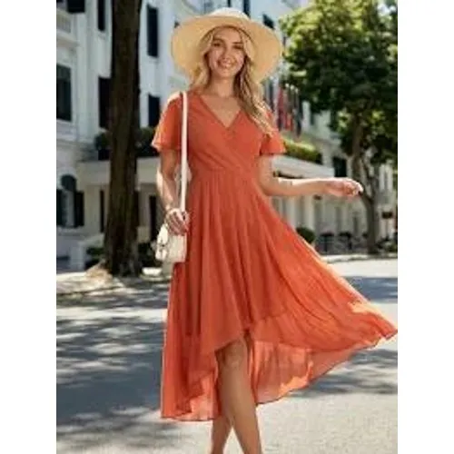 Ever‎ Pretty Women's Size 8 Burnt Orange Dress High Low V-Neck Chiffon Formal - Image 2