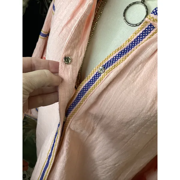 Velzera Peach Pink‎ Cotton Gauze Embroidered Peasant Blouse Top Large L - Image 3