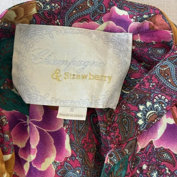 Champagne & Strawberry Silk Floral Paisley Mini Dress Womens Small Burgundy Boho - Image 9