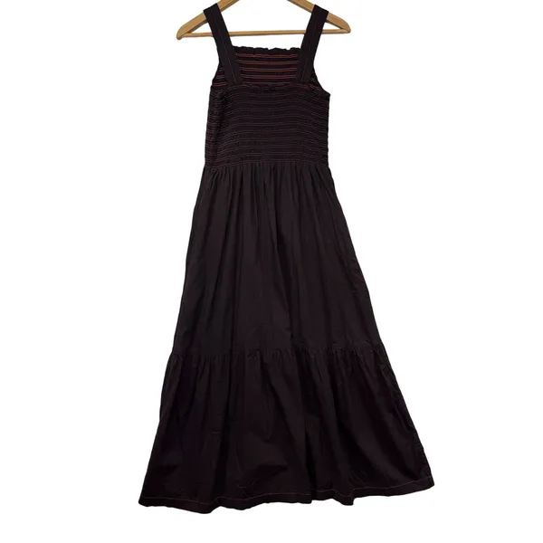 Everlane Smocked Midi Dress Espresso Brown Rust Contrast Stitch Pockets Womens S - Image 8