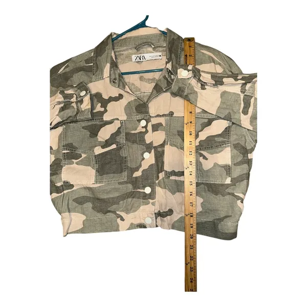Zara Green Camo‎ Linen Blend Cropped Jacket, Womens Medium - Image 9