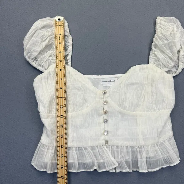 Lovers and Friends White Puff Sleeve Button Front Crop Top‎ Smocked Small - Image 4