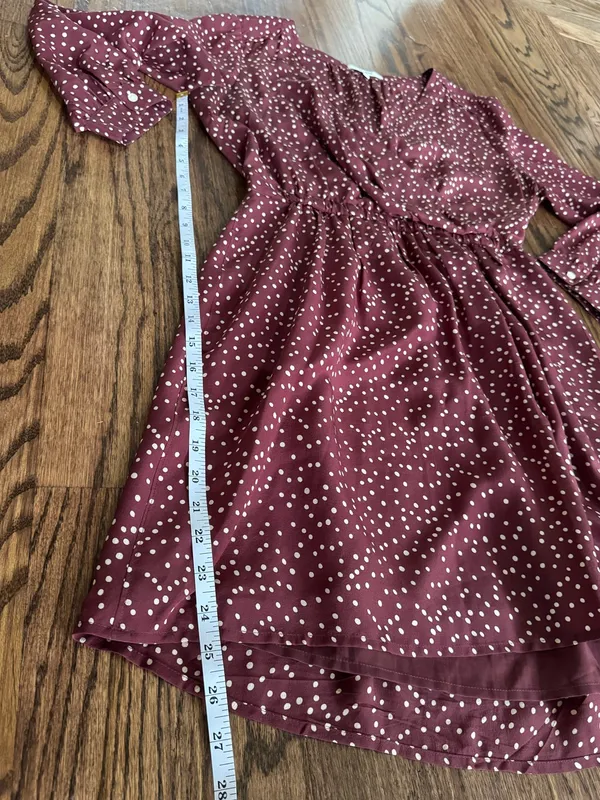 Madewell 6 Medium Mini Dress Long Sleeve Burgundy white polka dots Silk Babydoll - Image 4