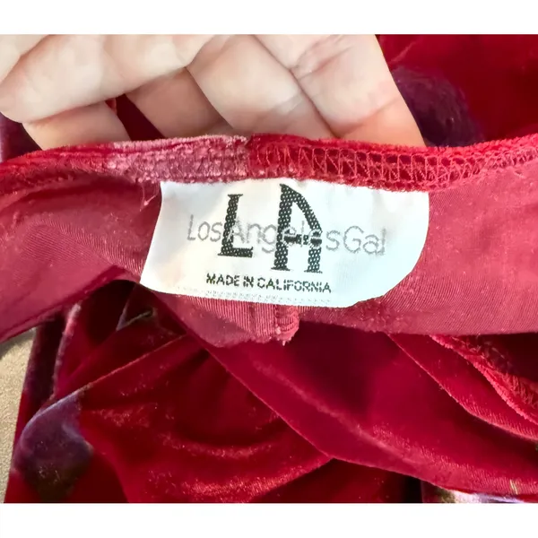 Los Angeles Gal Womens M Maxi Dress‎ Burgundy Velvet Floral 3/4 Sleeve Vintage - Image 3