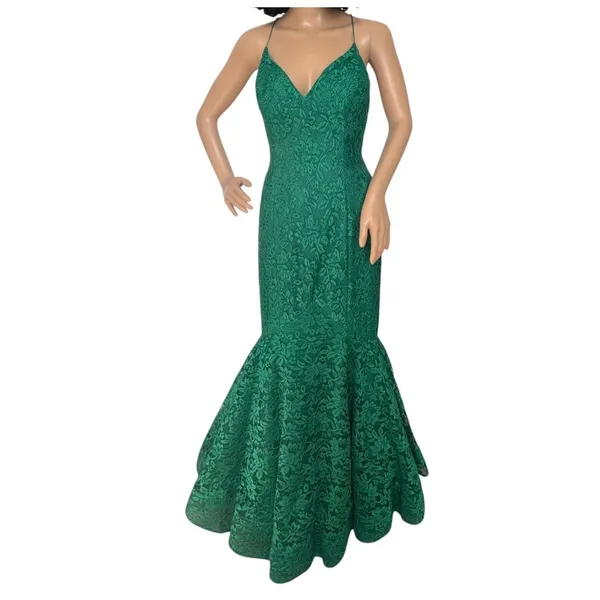 2010s Studio 17 12802 Emerald Beaded Lace Mermaid Prom Gown Open Back Size 8 - Image 5