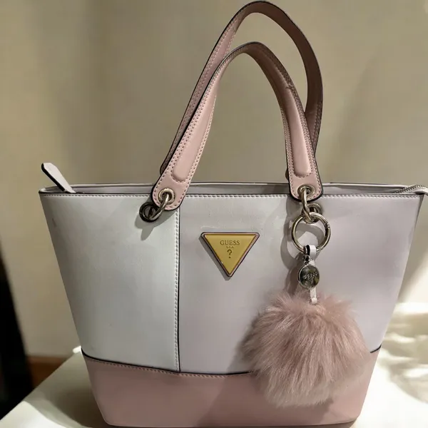 Guess Blush & Cream Colorblock Tote Bag Gold Logo Charm Pom Pom Large - Image 4