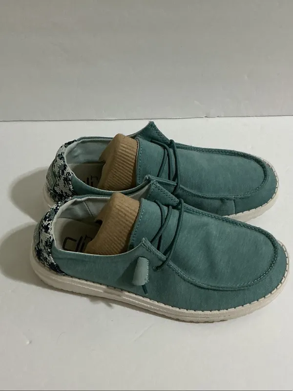 Hey Dude Teal Slip-On Casual Sneakers with White Sole and Patterned Heel - Image 4
