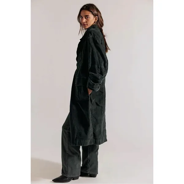 Free People Retro 70s Fox Cord Corduroy Duster Trench Coat Dark Charcoal Large - Image 6