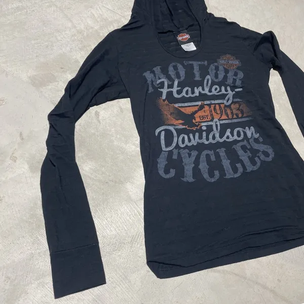 Harley Davidson Black Long Sleeve Top w/ Hoodie Pelham AL SZ L Motorcycle - Image 3