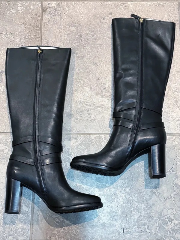 Lauren Ralph Lauren Collins Black Burnished Leather Tall Boot Heel, Size 11, NEW - Image 3
