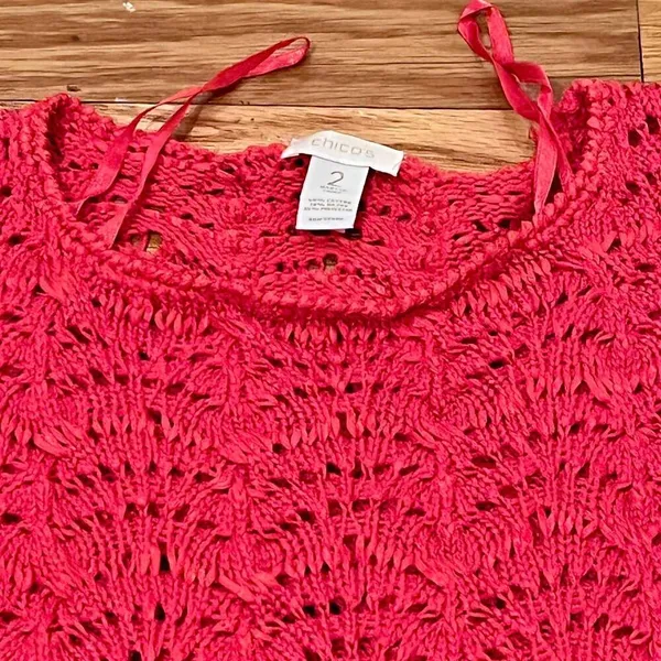 Chico's Pink Crochet Open Knit Long Sleeve Pullover Boho Sweater - Image 8