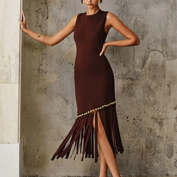 Commense Asymmetric Fringe Metal Bead Detail Maxi Dress size medium - Image 2