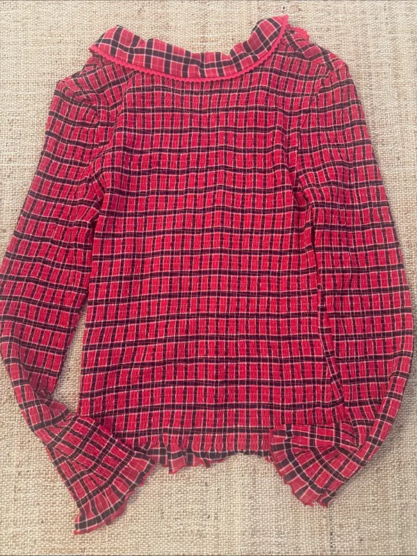 Free People Caught A Feeling Smocked Button-Up Top Shirt Size Large Red Black - Image 7