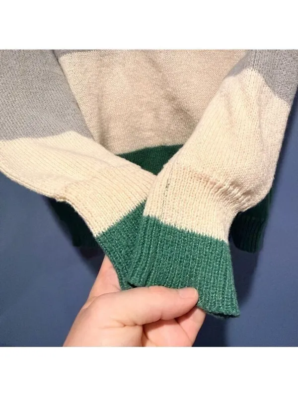 Large Striped Polyester Sweater in Green and Cream - Image 4