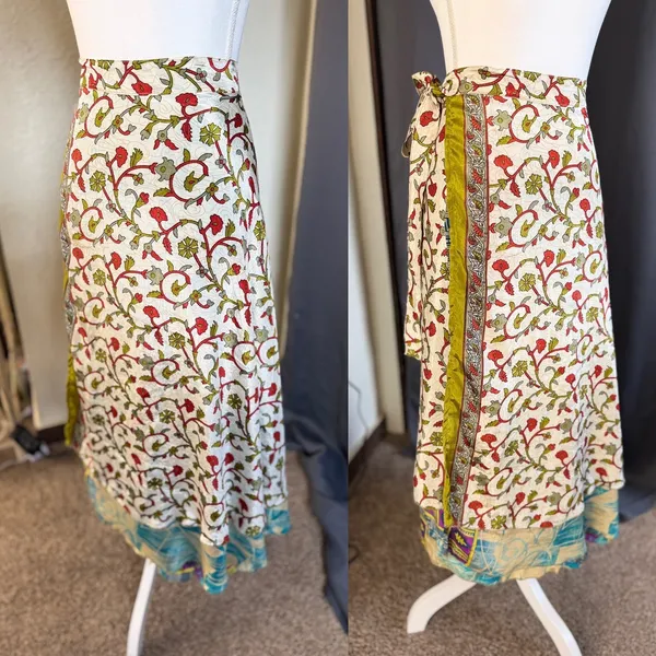 Reversible boho Silk Wrap Skirt Womens OS Turquoise Gold Floral Maxi - Image 2