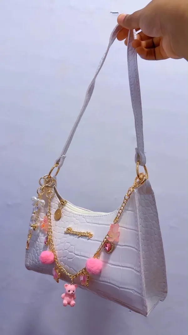 White Shoulder Bag Crocodile Embossed Hobo Purse Gold Chain Butterfly Bear Charm - Image 4