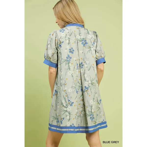 Umgee Floral Puff Sleeve Dress with Contrast Trim‎ - Blue Grey - Small - Image 2