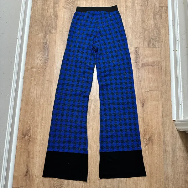 IVORIES | NWT Blue Black Sparkle Italian Skill‎ Houndstooth Knit Flare Pants, S - Image 2