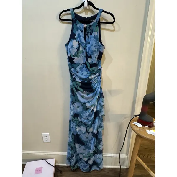 Betsy & Adam‎ Women's Size 12 Blue Floral Mesh Gown NWT Zip Back Halter Neck - Image 4