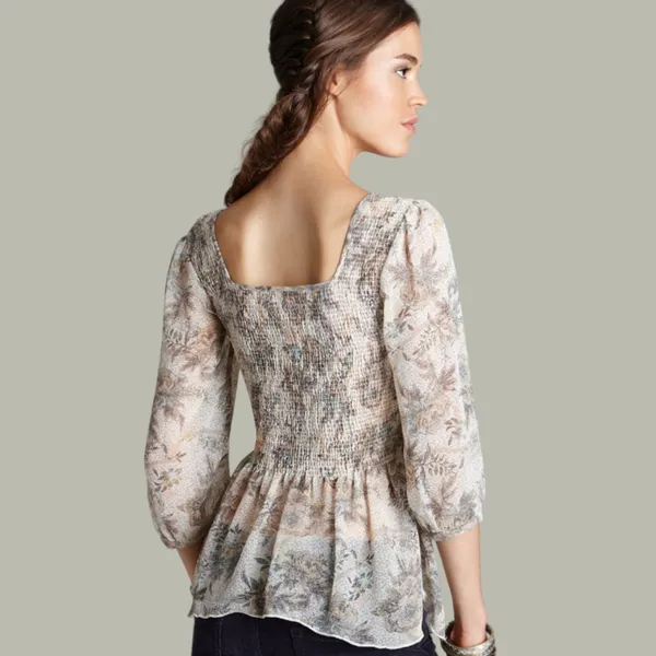 Free People XS Smocked Floral Sheer Peasant Ever After Top Boho Romantic Cottage - Image 2