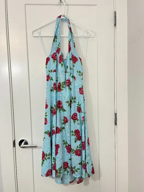 Hell Bunny Vixen 50s Rockabilly Blue Rose Halter Swing Dress - Image 6