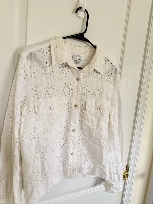 Johnny Was Jade Sandrine White Eyelet Button Front Jacket - Image 4