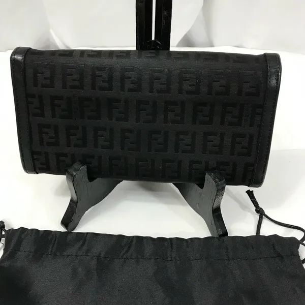 Fendi Zucchino Vintage Black Logo Flap Wallet Clutch with Silver Buckle EUC - Image 2