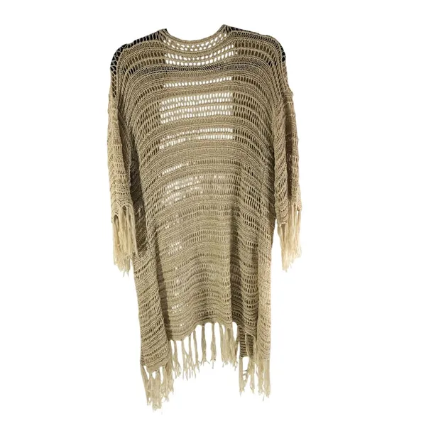 Womens Crochet Fringe Bohemian Cardigan Duster Open Front Beige L? - Image 2