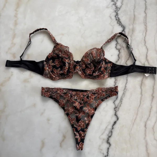 90s Vintage Wacoal Onvieve Set Floral Copper Metallic Mesh 34B Bra Thong Small - Image 4