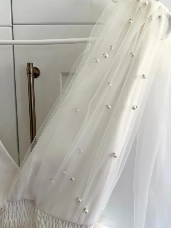 White Pearl Bridal Mini Dress Size M - Image 3