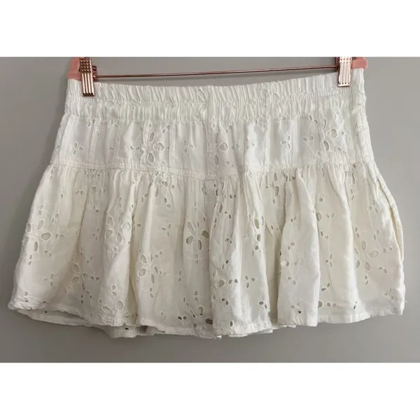 Free People Roselle Eyelet Mini Skirt Ivory‎ Button Front Drawstring Women's Med - Image 2