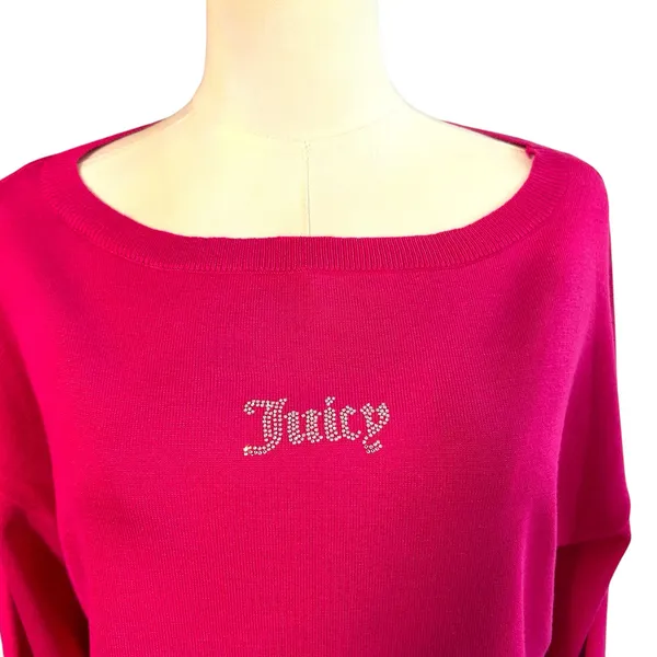 Juicy Couture Free Love NWT Crop Sweater Hot Pink Rhinestone Long Sleeve Barbie - Image 2