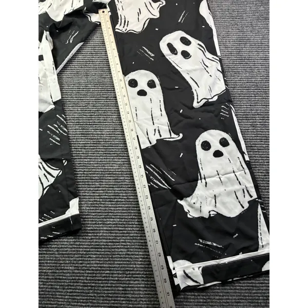 Black Ghost Print Pajama Set Women Large Long Sleeve Button Down Halloween PJs - Image 7