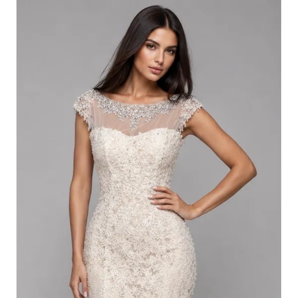 Sherri Hill 51114 Ivory‎ Lace Mermaid Gown – Beaded Cap Sleeve Formal Dress Sz 4 - Image 2