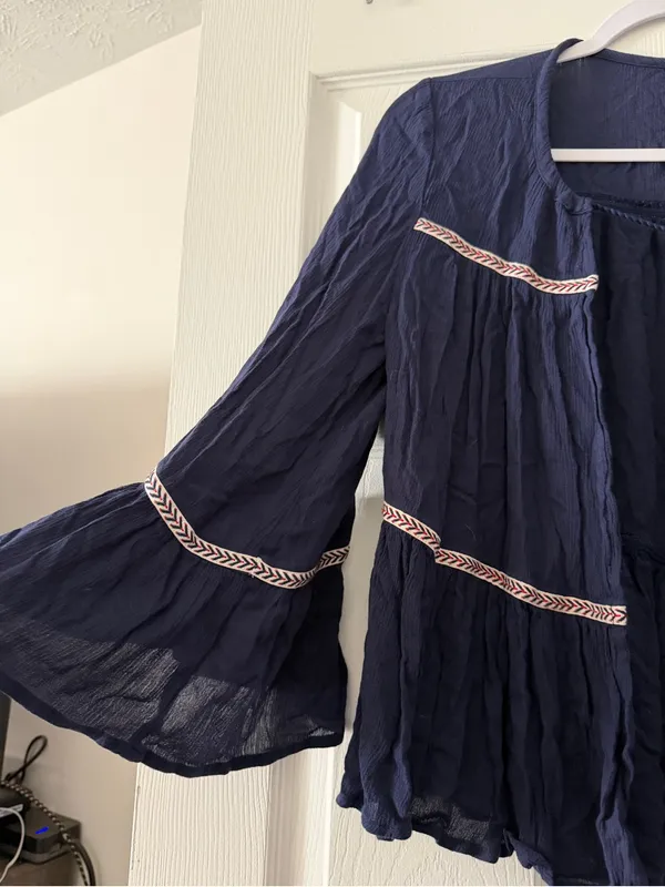 Aerie NWT Navy Boho Bell Sleeve Tassel Top Medium - Image 2
