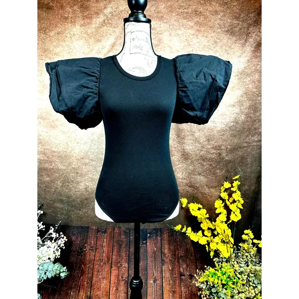 Zara Puff Sleeve Ribbed Bodysuit - Black - size S - Image 7