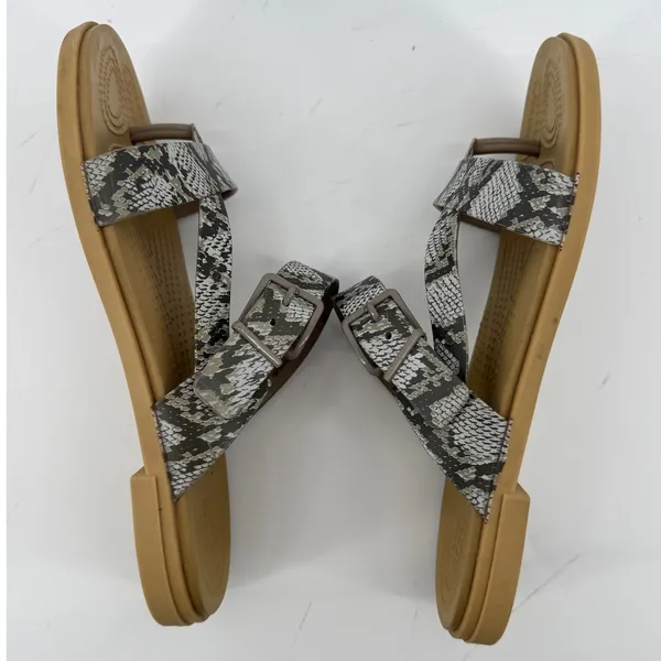 Crocs Tulum Toe Post Toe Sandal Snakeskin Gray Tan Women 8 Strappy Slip On Flip - Image 8
