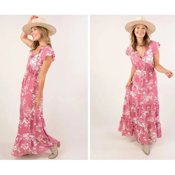 Sunday‎ Up Tiered Maxi Dress Sz M Pink Floral Boho Cottage Resortwear Vacation - Image 2