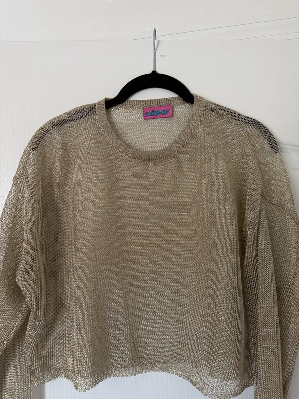 Edikted Aviva Cropped Gold Metallic Sheer Long Sleeve Top Small - Image 7