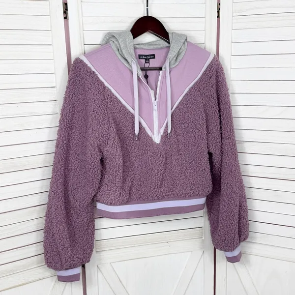 For Love &‎ Lemons Cozy Sherpa Cropped Pullover Half Zip Hoodie Purple Small - Image 9