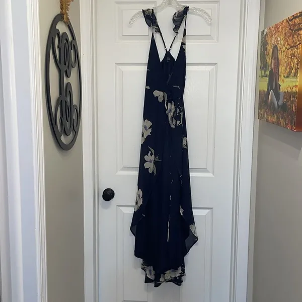 Lulu’s All Mine Navy Blue Floral Print High-Low Wrap Dress - Image 3