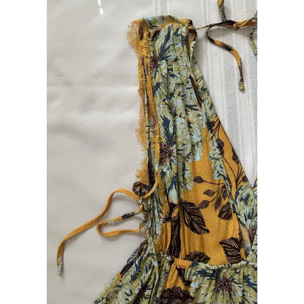Free People "Marnie" Golden Yellow Floral Short Dress Size S Rayon Boho Floral. - Image 14