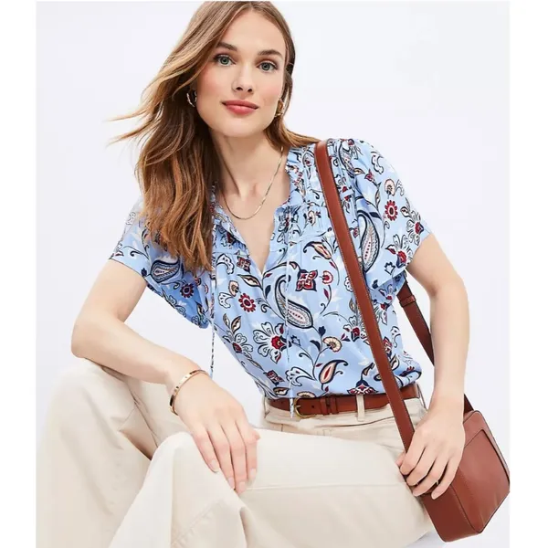 LOFT Womens M Light Blue‎ Paisley Ruched Ruffle Tie Neck Top Blouse Lightweight - Image 2