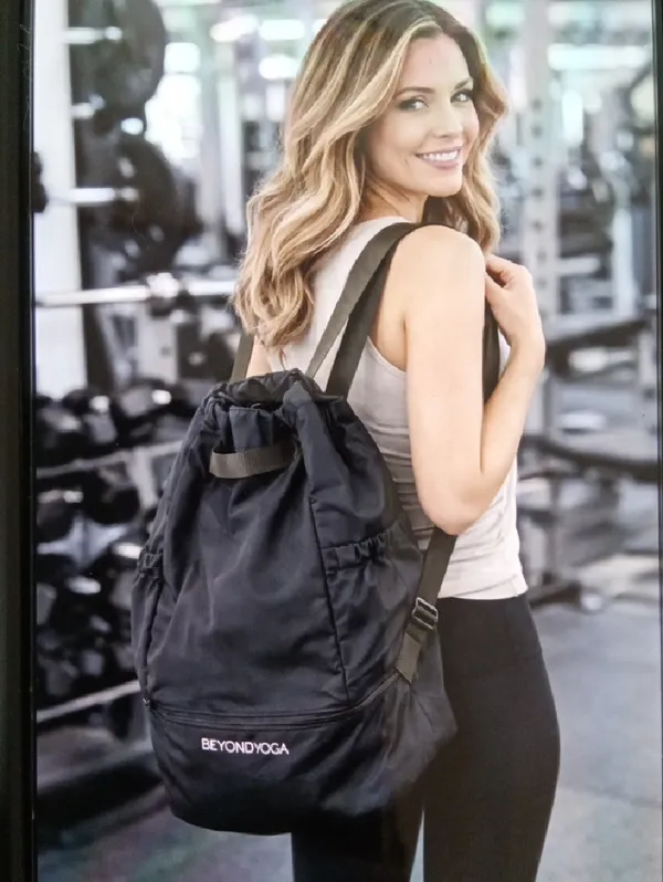 Beyond Yoga Black Drawstring Backpack with Front Zip Pocket Yoga Gym Sporty - Image 2