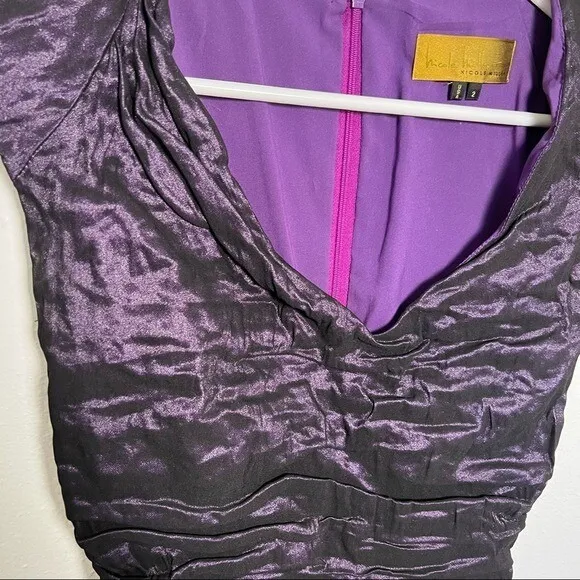 Nicole Miller Women's Sz 2 Cowl Neck Technometal Tuck Dress Black Purple Bodycon - Image 7